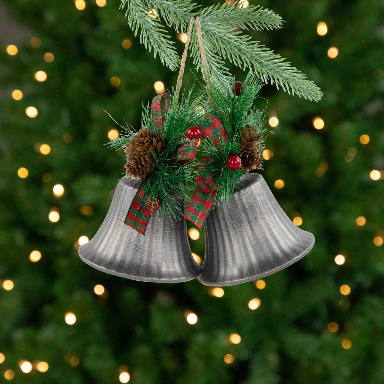 Bells with Pine Sprigs and Plaid Bow Christmas Ornaments - 7" - Silver - Set of 2