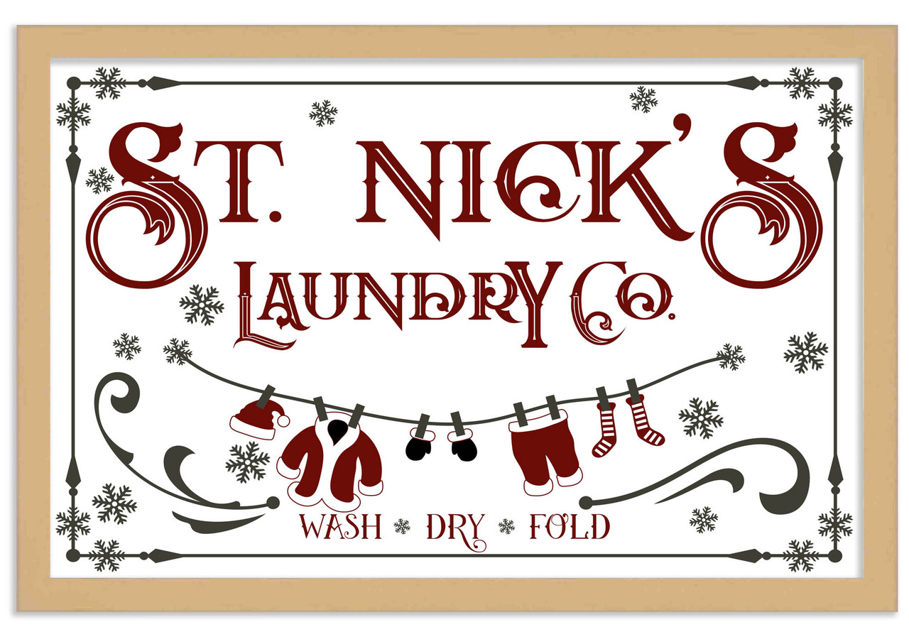 St Nick's Laundry Company Laundry Room 14.5" x 20.5" Framed Christmas Wall Decor  Sign Poster in a Natural Wooden Frame with UV Acrylic and Hangers