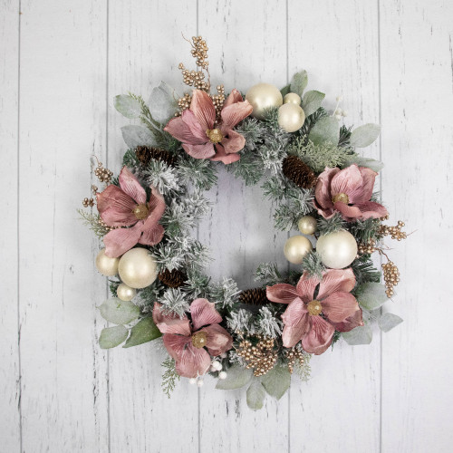 Pink Floral and Ball Ornament Frosted Pine Artificial Christmas Wreath, 24-Inch, Unlit