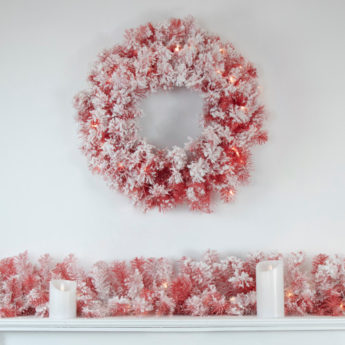 Pre-Lit Flocked Red Artificial Christmas Wreath, 36 Inch, Clear Lights
