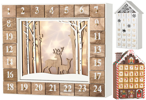 BRUBAKER Reusable Wooden Advent Calendar to Fill - White Winter Landscape with LED Lighting - DIY Christmas Calendar 13.98 x 2.36 x 10.63 inches