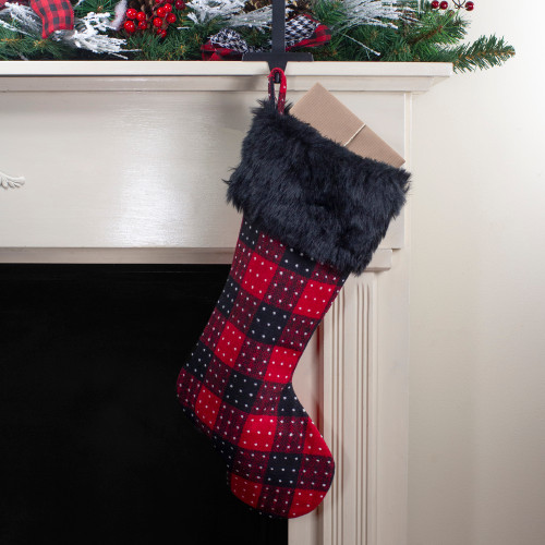 21.5" Red and Black Plaid with Dots and Faux Fur Cuff Christmas Stocking