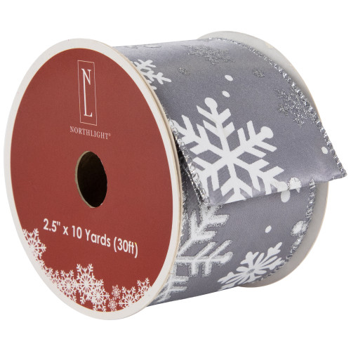 Gray and White Shimmering Snowflakes Wired Craft Christmas Ribbon 2.5" x 10 Yards