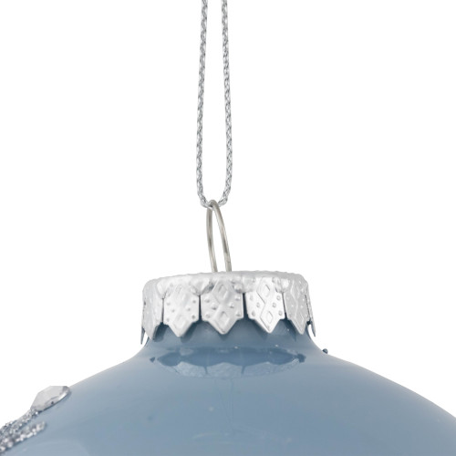 Set of 2 Shiny Stone Blue Glitter Snowflakes Glass Christmas Ball Ornaments 4"