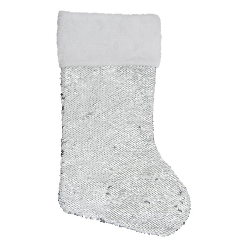 19" White and Silver Sequin Christmas Stocking With White Faux Fur Cuff