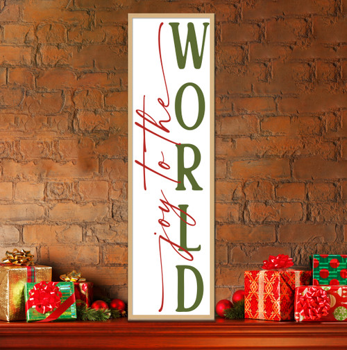 Joy to the World Tall 12.5" x 43.5" Framed Christmas Wall Decor Art Print Sign Poster in a Natural Wooden Frame with UV Acrylic and Hangers