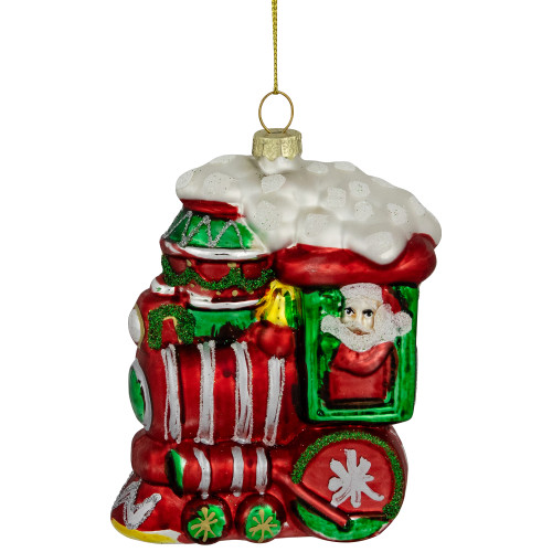 4.5" Red and Green Glittered Train Christmas Glass Hanging Ornament