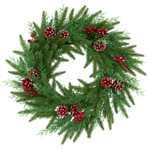 Real Touch?? Wind River Fir with Glittered Pinecones Artificial Christmas Wreath - 24" - Unlit