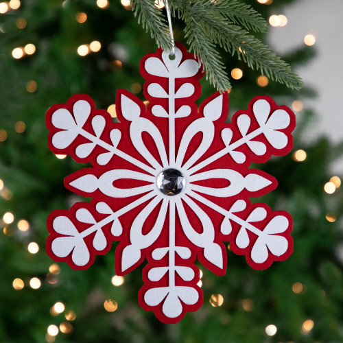 10" Red and White Snowflake Christmas Ornament with Gem