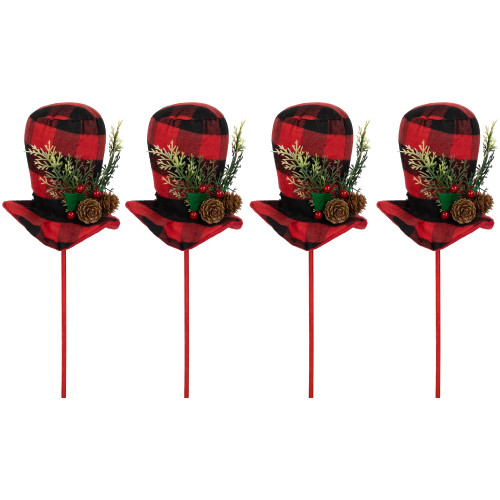 Set of 4 Red and Black Plaid Plush Winter Hat Christmas Picks 15"