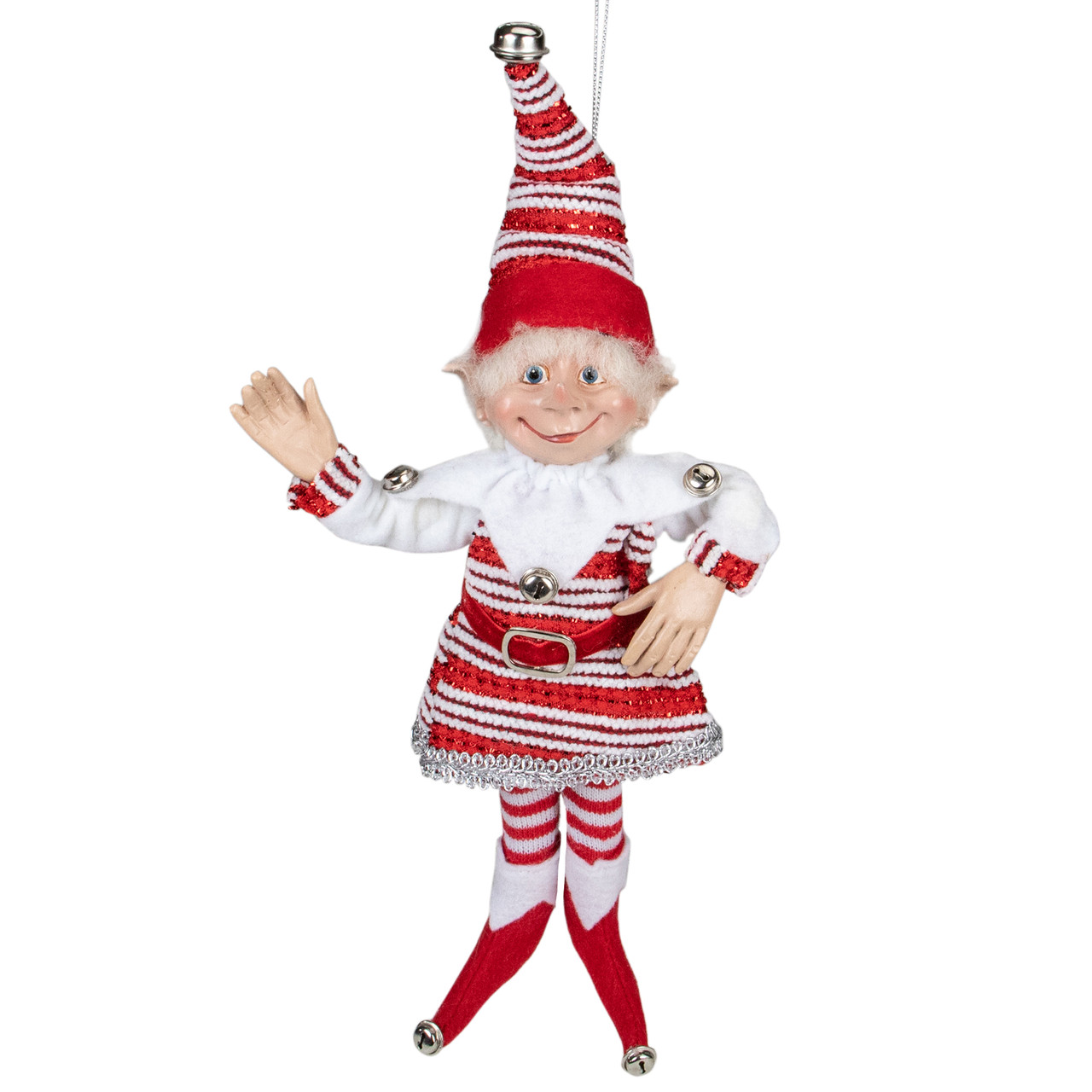 13" Red and White Peppermint Striped Elf with Jingle Bells