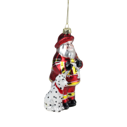 5" Red and White Fireman Santa Claus with Dalmatian Glass Christmas Ornament