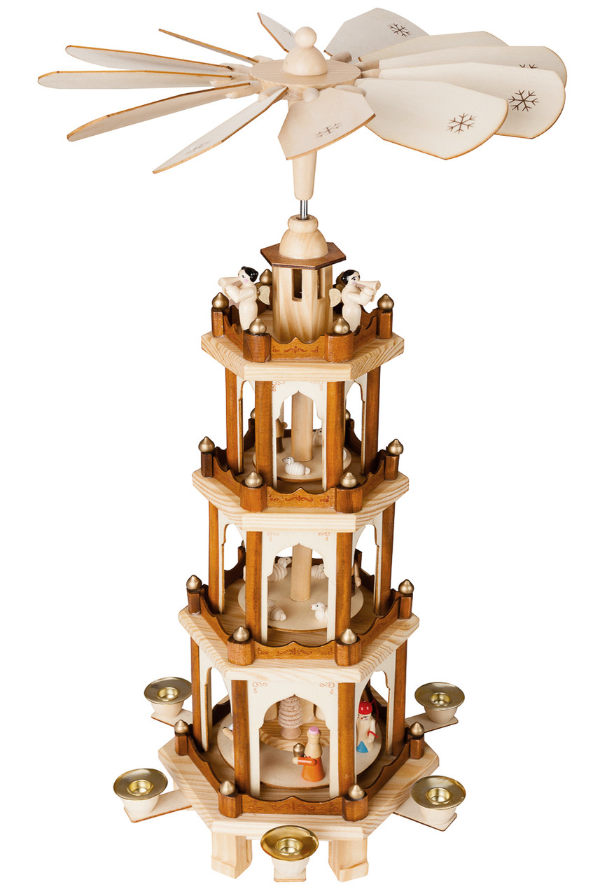 BRUBAKER Christmas Pyramid - 24 Inches - 4 Tier Carousel with 6 Candle Holders and Hand Painted Figurines - Designed in Germany