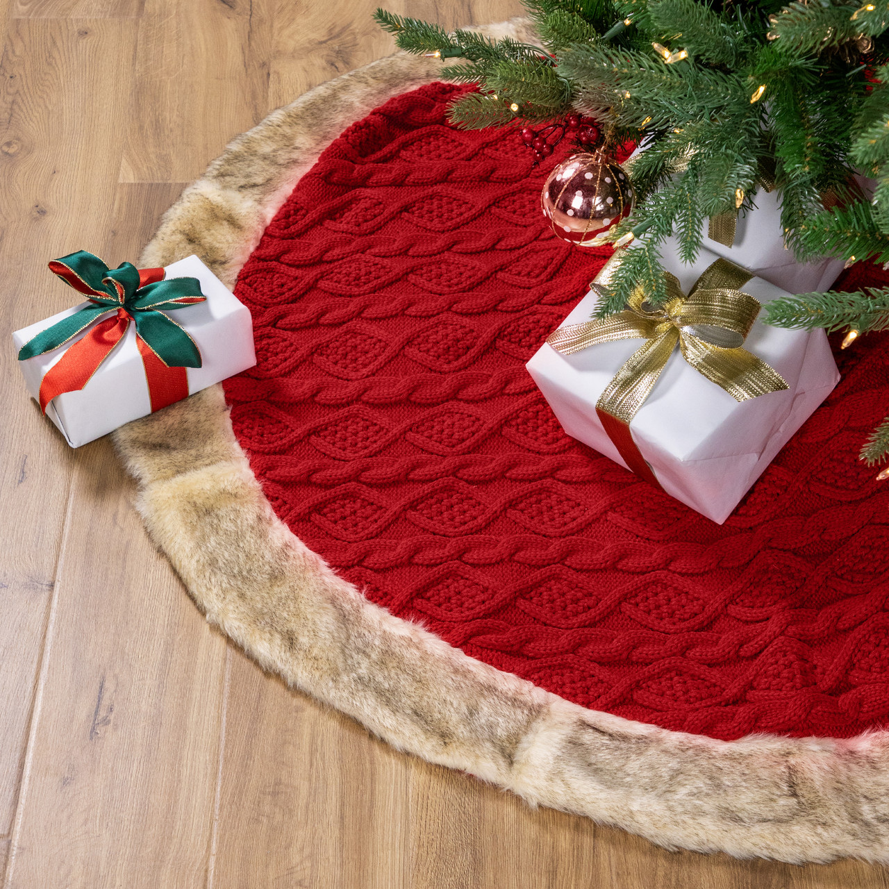 Cable Knit Christmas Tree Skirt with Faux Fur Trim- 48" - Red