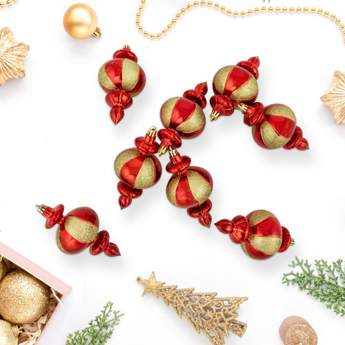 8ct Red and Gold Shatterproof Finial Christmas Ornaments, 6"