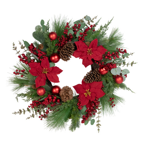 Artificial Red Berry and Poinsettia Christmas Wreath, 28-Inch, Unlit