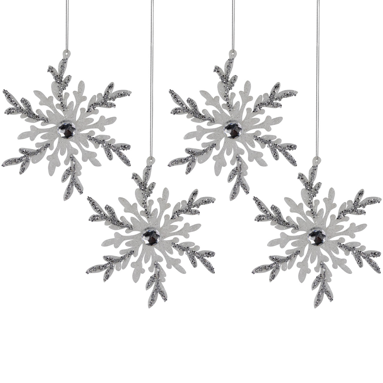 Set of 4 White and Silver Glitter Snowflakes Christmas Ornaments 6"