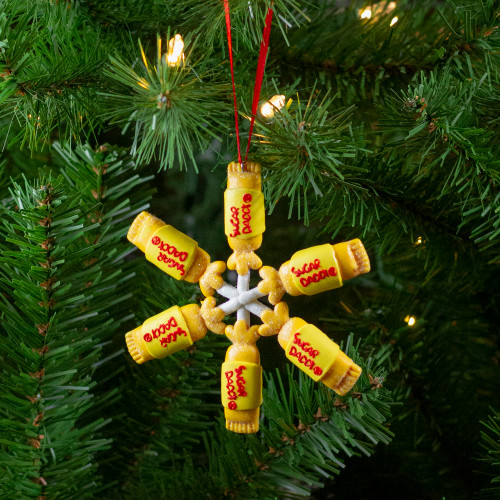 4" Yellow and Red Tootsie Roll Sugar Daddy Lollipop Snowflake Christmas Ornament