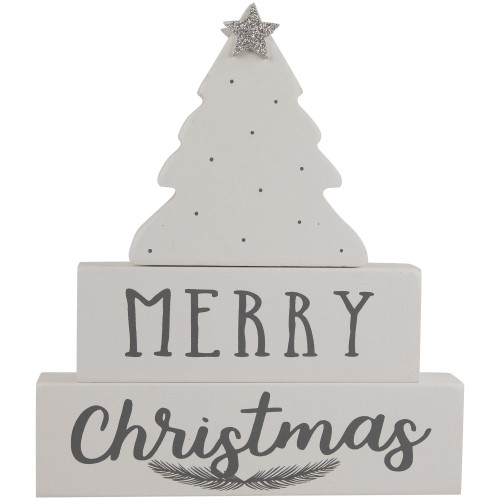 Star Topped Tree "Merry Christmas" Wooden Block Decoration - 6.75"