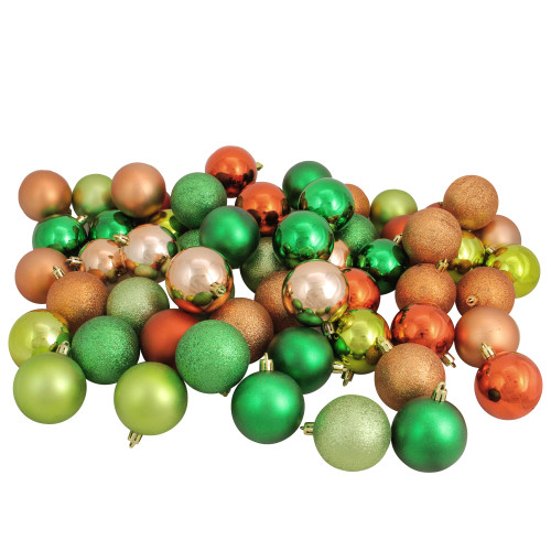 60ct Green, Orange, Almond Shatterproof 3-Finish Christmas Ball Ornaments 2.5" (60mm)