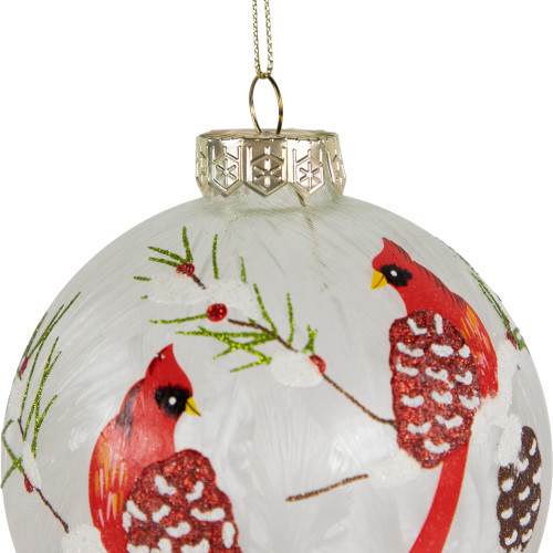 Set of 2 Clear and Red Cardinal Birds Christmas Glass Ball Ornaments 4"