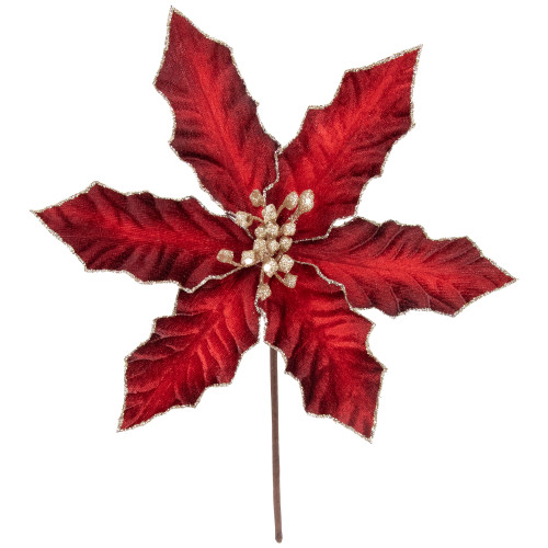 8" Glittered Burgundy Velvet Poinsettia Floral Christmas Pick Spray