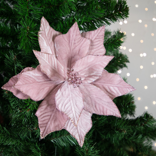 24" Pink Glittered Poinsettia Christmas Stem Spray