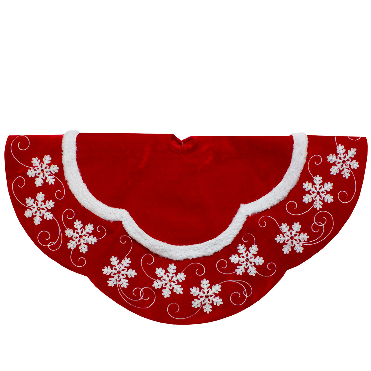 48-Inch Velvet Red and White Snowflake Scallop Christmas Tree Skirt