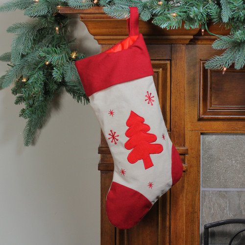 18" Red and Ivory Tree with Snowflakes Christmas Stocking