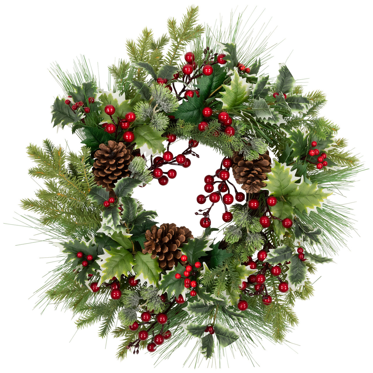 Holly and Berries, Frosted Thistle and Pine Artificial Christmas Wreath - 24" - Unlit