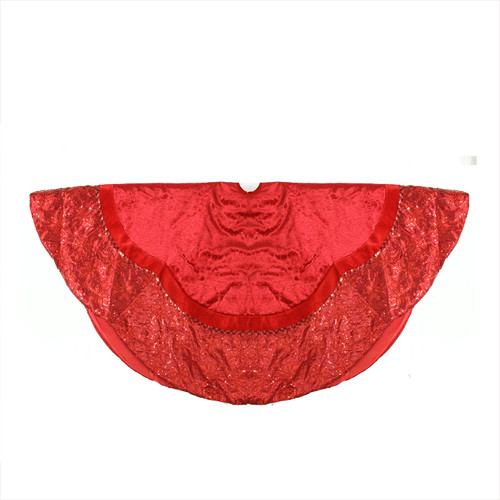 60" Red Velvet Damask Sequin Embroidered Poinsettia Trimmed Scalloped Edge Christmas Tree Skirt