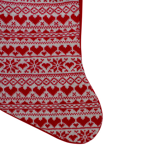 19" Red and White Hearts With Snowflakes Knit Christmas Stocking Faux Fur Cuff