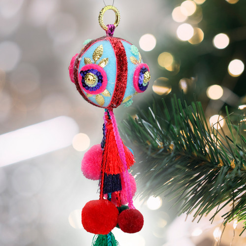 10.25" Blue and Red Ball with Pompoms Christmas Ornament