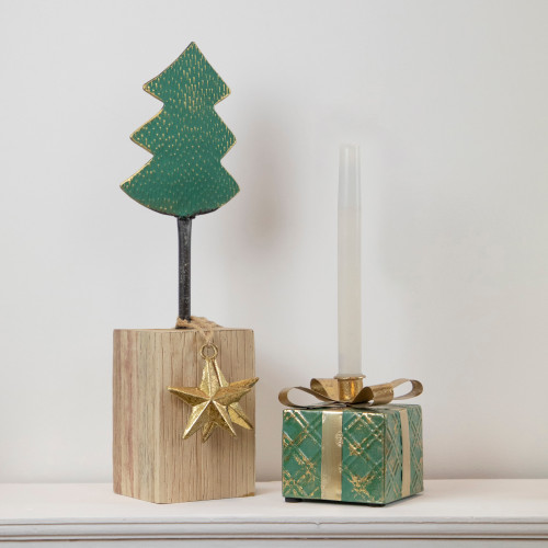 4.5" Green Metal Gift Box Christmas Taper Candle Holder