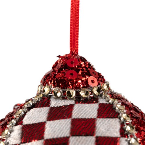 Sequined and Checkered Teardrop Christmas Ornaments - 4.75" - Red  - Set of 2