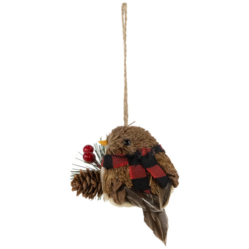 Woodland Baby Bird with Plaid Winter Scarf Christmas Ornament - 5.5"