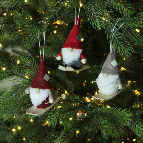 Set of 3 Red and Gray Skiing Gnome Christmas Ornaments 4"