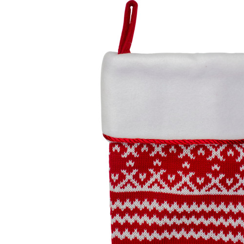 21.5" Red and White Knitted Snowflake Christmas Stocking with Fleece Cuff