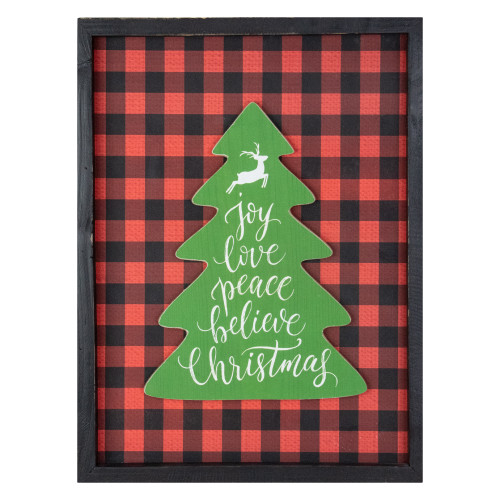 16" Red and Black Buffalo Plaid Christmas Tree Shadow Box Wall Plaque