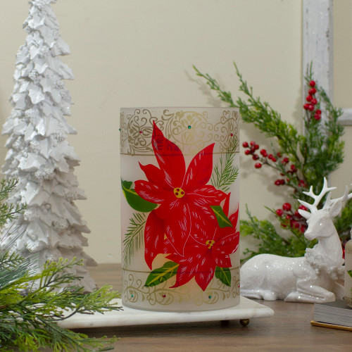 10" Hand-Painted Red Poinsettias and Gold Flameless Glass Christmas Candle Holder