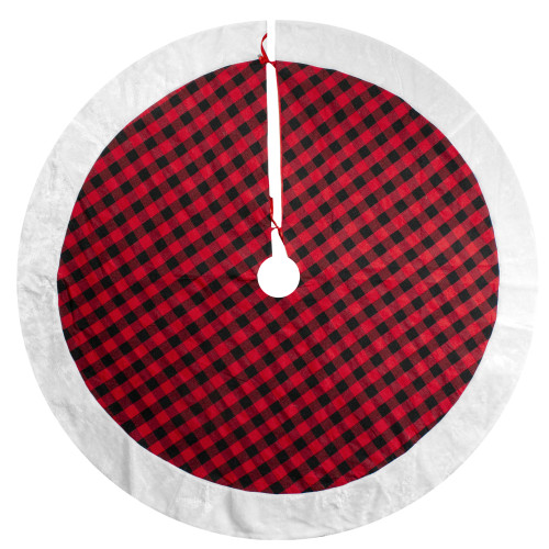 48" Red and Black Buffalo Plaid Christmas Tree Skirt with Faux Fur Trim