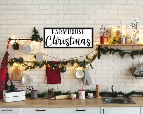 Farmhouse Christmas 10.5" x 25.5" Framed Christmas Wall Decor Art Print Sign Poster in a Black Wooden Frame with UV Acrylic and Hangers