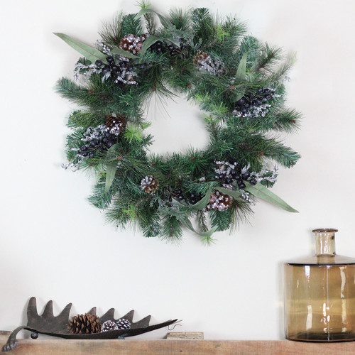 24" Mixed Pine with Blueberries Pine Cones and Ice Twigs Artificial Christmas Wreath - Unlit