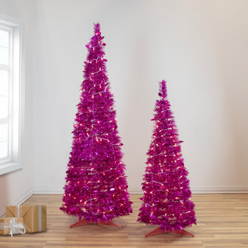 4' Pre-Lit Pink Tinsel Pop-Up Artificial Christmas Tree, Clear Lights