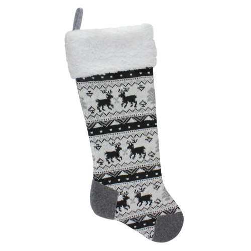 21" Black, Gray and White Rustic Lodge Knit Christmas Stocking with High Pile Fleece Cuff