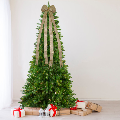 48" x 10" Burlap and Gold Scroll 16 Loop Christmas Bow Decoration