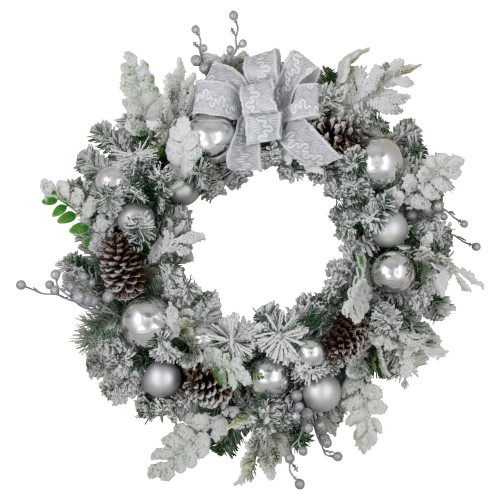 Glitter and Frosted Foliage Artificial Christmas Wreath with Bow, 30-Inch, Unlit