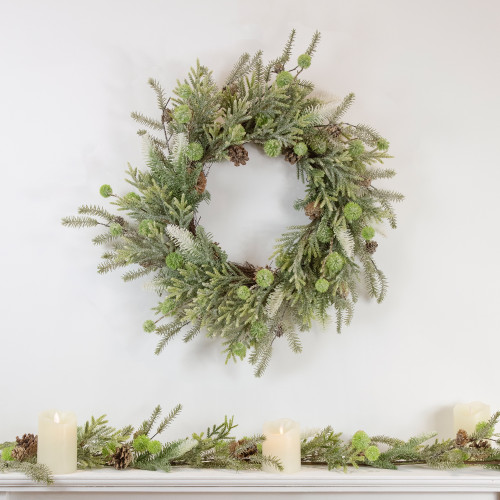 Artificial Christmas Wreath with Frosted Foliage and Pine Cones - 24" - Unlit