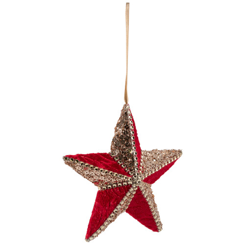 Beaded and Sequined 5-Point Star Christmas Ornament - 6" - Red