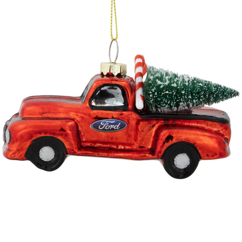 4" Red Vintage Ford Truck with Frosted Tree Glass Christmas Ornament